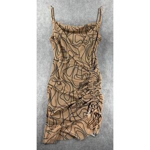 PrettyLittleThing Tan Black Abstract Ruched Bodycon Dress Size 12‎ US NWT